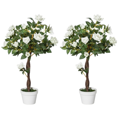 Outsunny Conjunto de 2 Plantas Artificiais Rosas Artificiais com 21 Flores e Vaso de Cimento para Decoração de Casa Verde e Branco