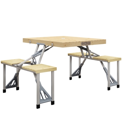 Outsunny Mesa Campismo Dobrável 86x72,5x67 cm com 4 Assentos e Orifício para Chapéu de Sol Estrutura de Aluminio Exterior Natural