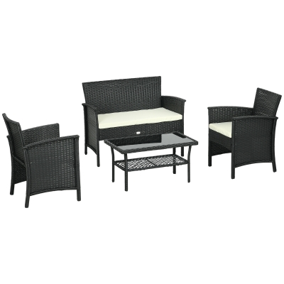 Outsunny Conjunto de Jardim de Vime Sintético de 4 Peças com 2 Poltronas 1 Sofá Duplo 1 Mesa de Centro e Almofadas Preto e Creme