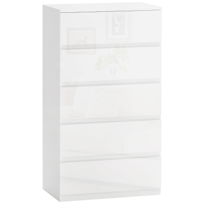 HOMCOM Cómoda com 5 Gavetas de Madeira Cómoda de Dormitório Cómoda Branca Estilo Moderno 55x33x80 cm Branco Brilhante