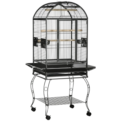 PawHut Gaiola para Pássaros Gaiola de Metal para Aves com 2 Portas Poleiros Bandeja Amovível e 4 Rodas 80x76,5x168 cm Cinza Escuro