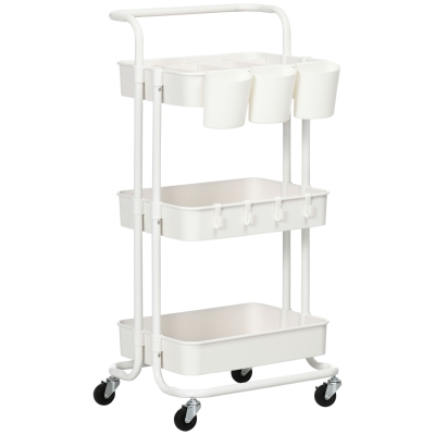 HOMCOM Carrinho de Cozinha Carrinho de Armazenamento com 4 Ganchos 3 Cestas Removíveis 3 Caixas Suspensas 42x38x86,5 cm Branco
