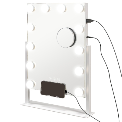 HOMCOM Espelho de Maquilhagem Estilo Hollywood com Luzes 12 Lâmpadas LED 3 Modos de Iluminação e Entrada USB 36,5x8,5x45,5 cm Branco