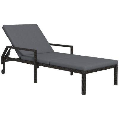 Outsunny Espreguiçadeira de Vime com Encosto Ajustável em 5 Posições Acolchoado e 2 Rodas 73x200x48 cm Cinza Escuro e Preto