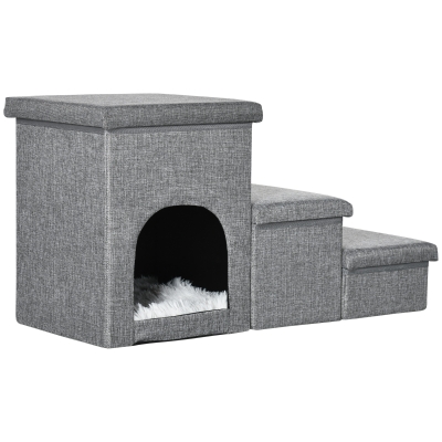 PawHut Escada para Cães de 3 Degraus com Tampas 3 Caixas de Armazenamento Caverna e Almofada Lavável 73,5x33x40,5cm Cinza