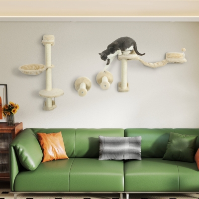 PawHut Prateleiras de Escalada para Gatos de Parede com Rede Plataformas Poste de Sisal e Escada 84,5x19x54 cm  Bege