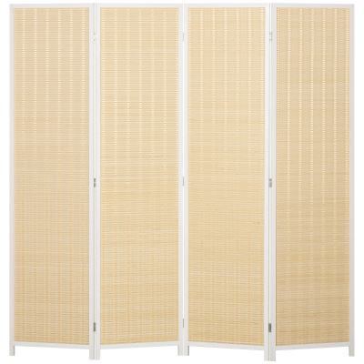 HOMCOM Biombo de 4 Painéis Dobrável Separador de Ambientes Tecido a Mão de Bambu e Fio de Algodão 180x180 cm Branco