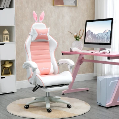 Vinsetto Gaming Stuhl Ergonomischer Gamer Stuhl mit Lendenwirbelstütze, Fußstütze Hasenohren Kopfkissen Rosa