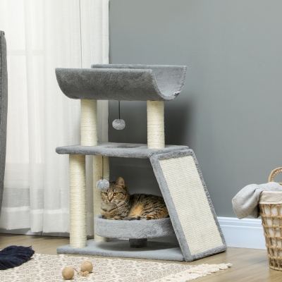 PawHut Arranhador para Gatos Altura 76 cm com 4 Postes de Arranhar Cama Plataforma em U Almofada para Arranhar Cinzento