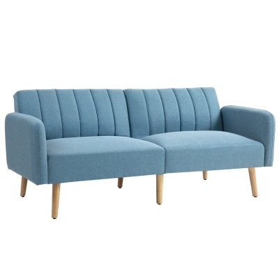 HOMCOM Sofá Cama de 2 Lugares com Encosto Ajustável em 3 Posições Apoio para os Braços e Pés de Madeira 173x75x73 cm Azul Claro