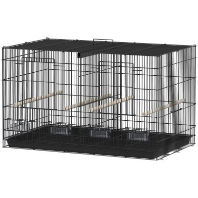 PawHut Cage à oiseaux volière intérieur acier avec séparateur 4 perchoirs plateau coulissant 4 mangeoires 76 x 46 x 46 cm noir