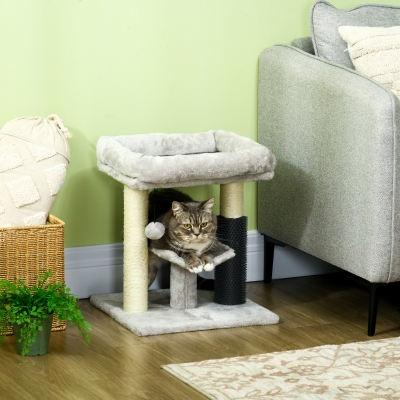 PawHut Arranhador para Gatos com 2 Postes de Arranhar Cama Plataforma em U e Escova Bola Suspensa 40x40x48 cm Cinza