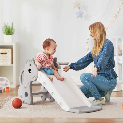 AIYAPLAY 3-in-1 Rutsche für Kinder, Giraffenform, Basketballkorb, Ball, Grau