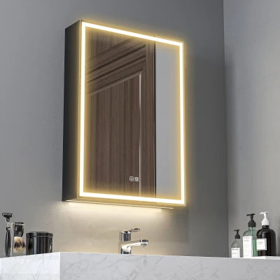 HOMCOM Spiegelschrank, Badschrank mit LED, 50 x 70 cm, dimmbar, Anti-Beschlag, Schwarz