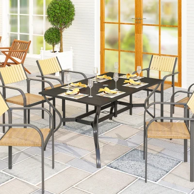 Outsunny Gartentisch Stahl 150x90 cm Wetterfest Balkontisch mit Schirmloch, Lamellen-Design für 6 Personen Schwarz