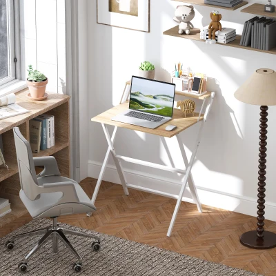 HOMCOM Folding Computer Desk with Monitor Shelf Natural Wood