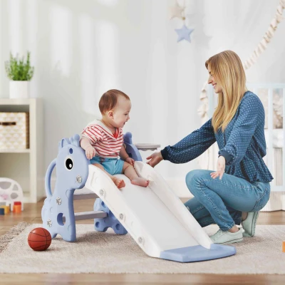AIYAPLAY 3-in-1 Rutsche für Kinder, Giraffenform, Basketballkorb, Ball, Blau