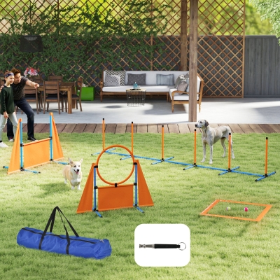 PawHut Conjunto de Treino de Agilidade para Cães com Piquetes para Slalom Zona de Descanso Barreira Anel de salto e Bolas Laranja