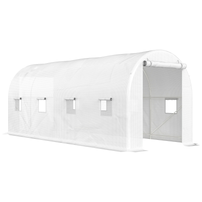 Outsunny Estufa tipo Túnel 500x200x205 cm Estufa de Jardim com Porta Enrolável e 8 Janelas Cobertura de PE 140 g/m² Branco