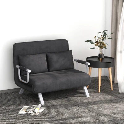 HOMCOM Sofá Cama de 2 Lugares Estofado em Camurça Sintética com Encosto Ajustável em 5 Níveis e 2 Almofadas 111x80x78 cm Cinzento