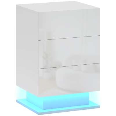 HOMCOM Mesa de Cabeceira com Faixa de Luz LED Multicolor Mesa Auxiliar com 3 Gavetas Estilo Moderno 40x35x60 cm Branco Brilhante