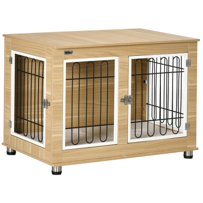 PawHut Gaiola para Cães com Mesa Auxiliar e Almofada Lavável Gaiola para Animais com Estrutura de Aço para Cães Médios e Grandes 90x58x65 cm Carvalho