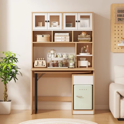 Bureau d'ordinateur avec étagère et armoire, Couleur naturelle＋Blanc