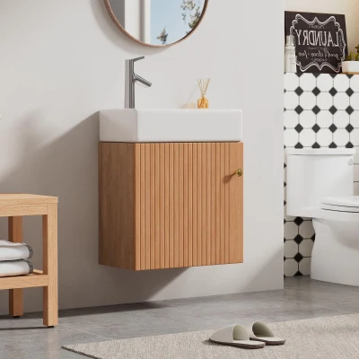 Mueble de baño con lavabo y mueble bajo lavabo, colgante, con espacio de almacenamiento, 46×26×56 cm, Color natural