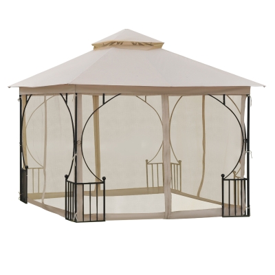 Outsunny Pérgola de jardim 295x295x275cm com 4 cortinas laterais com zíper e telhado duplo com 8 furos de drenagem bege