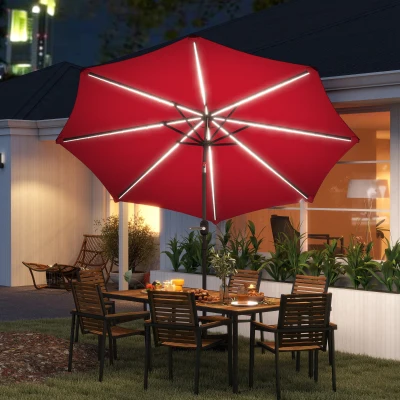 Outsunny Chapéu de Sol para Jardim Ø292x252 cm com Inclinação Ajustável até 45° Luzes LED Solares e Manivela Vinho