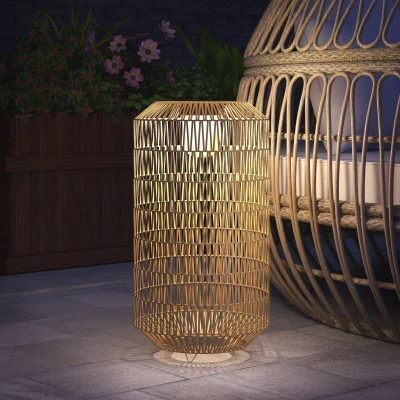 Outsunny Candeeiro Solar em Vime Sintético com Luzes LED Ligação e Desligação Automática Desenho Boémio Impermeável Ø30x55 cm Madeira
