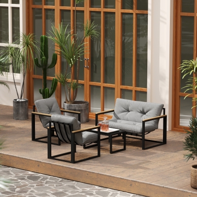 Outsunny Conjunto de Jardim de 4 Peças com 2 Poltronas e 1 Sofá de 2 Lugares com Almofadas e Mesa de Centro Cinzento e Preto