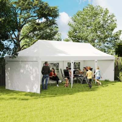 Outsunny Tenda Dobrável 876x294x310 cm com Altura Ajustável Paredes Laterais Janelas Proteção UV50+  e Bolsa de Transporte Branco