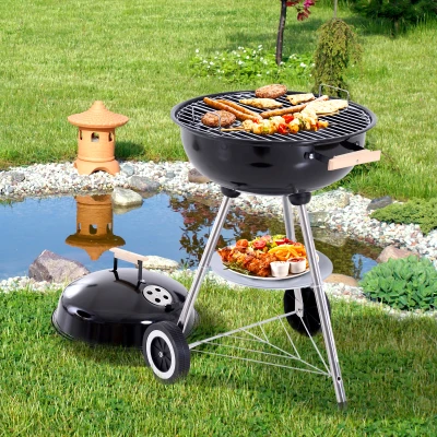 Outsunny Barbecue a Carvão Portátil com Rodas Tampa e Tigela Esmaltadas e Puxadores de Madeira  48x56x85 cm Preto