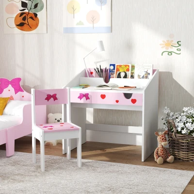 AIYAPLAY Juego de Escritorio y Silla para Niños de +3 Años con Cajón Extraíble y Compartimento Rosa y Blanco