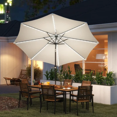 Outsunny Chapéu de Sol para Jardim Ø292x252 cm com Inclinação Ajustável até 45° Luzes LED Solares e Manivela Creme