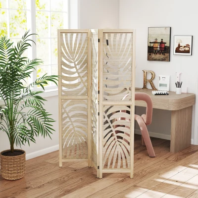HOMCOM Biombo de 3 Painéis Separador de Ambientes Dobrável 120x170 cm com Estampado de Folhas de Palmeira Tropical Madeira