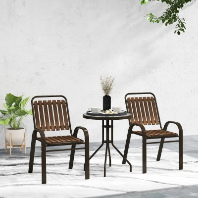 Outsunny Conjunto de Jardim de 3 Peças com 2 Cadeiras Empilháveis Mesa com Bancada de Vidro Temperado Marrom Escuro