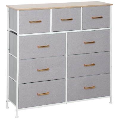 HOMCOM Cómoda com 9 Gavetas Estofada em Borreguito Cómoda de Tela com Estrutura de Aço Cómoda para Dormitório 100x30x99 cm Cinzento