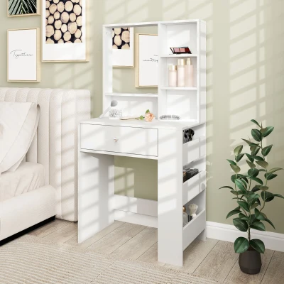 HOMCOM Kaptafel met Spiegel, Lade, 3-traps Zijopslag, Spaanplaat, Wit