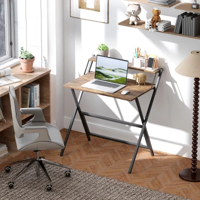 HOMCOM Folding Computer Desk with Monitor Shelf Rustic Brown