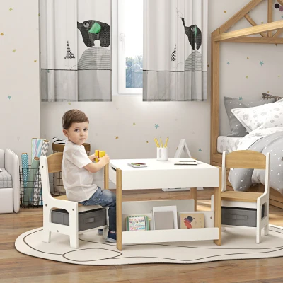 HOMCOM Conjunto de Mesa e 2 Cadeiras Infantis 2 em 1 com Ardósia Gavetas de Tecido e Espaço de Armazenamento para Quarto Cinza
