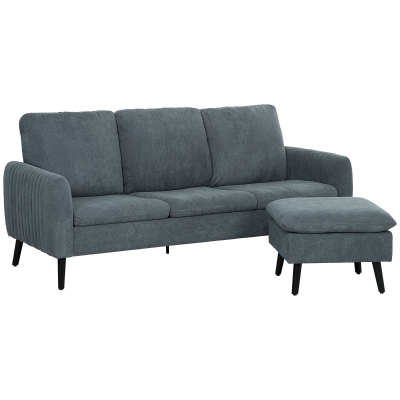 HOMCOM 3 Seater Sofa with Ottoman, 196cm Corduroy L-shaped Sofa Couch with Scatter Back, Reversible Chaise Lounge for Living Room, Home Office, Small Spaces, Charcoal Grey