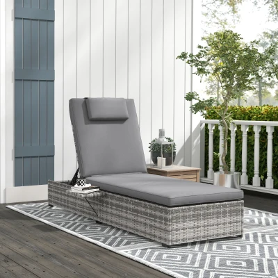 Outsunny Tumbona de Jardín de Ratán con Respaldo Ajustable en 5 Niveles Mesita y Cojín Carga 120 kg Gris