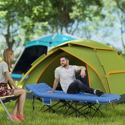 Outsunny Opvouwbaar Campingbed met Matras Hoofdkussen Zijvak 190 x 65 x 37 cm tot 150 kg Donkerblauw