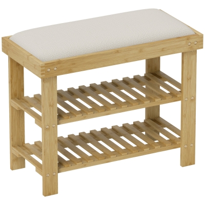 HOMCOM Banco Zapatero de Bambú con Cojín Zapatero de 2 Niveles para Entrada Pasillo o Dormitorio 60x29x49 cm Crema