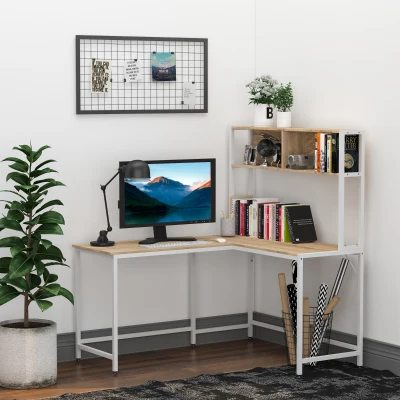 HOMCOM Secretária em Forma de L Multifuncional Secretária para Escritório ou Estúdio com Prateleiras Altas Amplo Espaço Estilo Minimalista 140x125x149cm Madeira e Branco