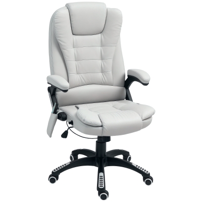HOMCOM 6-Point Massage Office Chair with Seat Heated for Home Office, PU Leather High Back Executive Desk Chair with Adjustable Height and 360° Swivel for Work Study, Light Grey