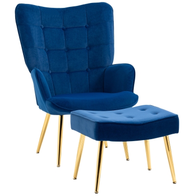 HOMCOM Modern Velvet Armchair with Footstool, Dark Blue