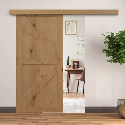 HOMCOM Ferragens para Porta de Correr 200 cm Kit de Ferragens Trilho de Madeira e Acessórios de Liga de Alumínio Marrom
